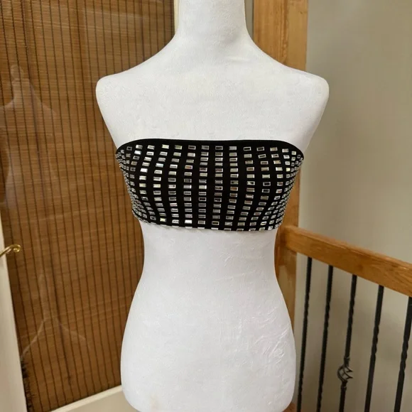 REVOLVE WeWoreWhat black crystal spandex bandeau top cropped strapless party - Picture 2 of 8